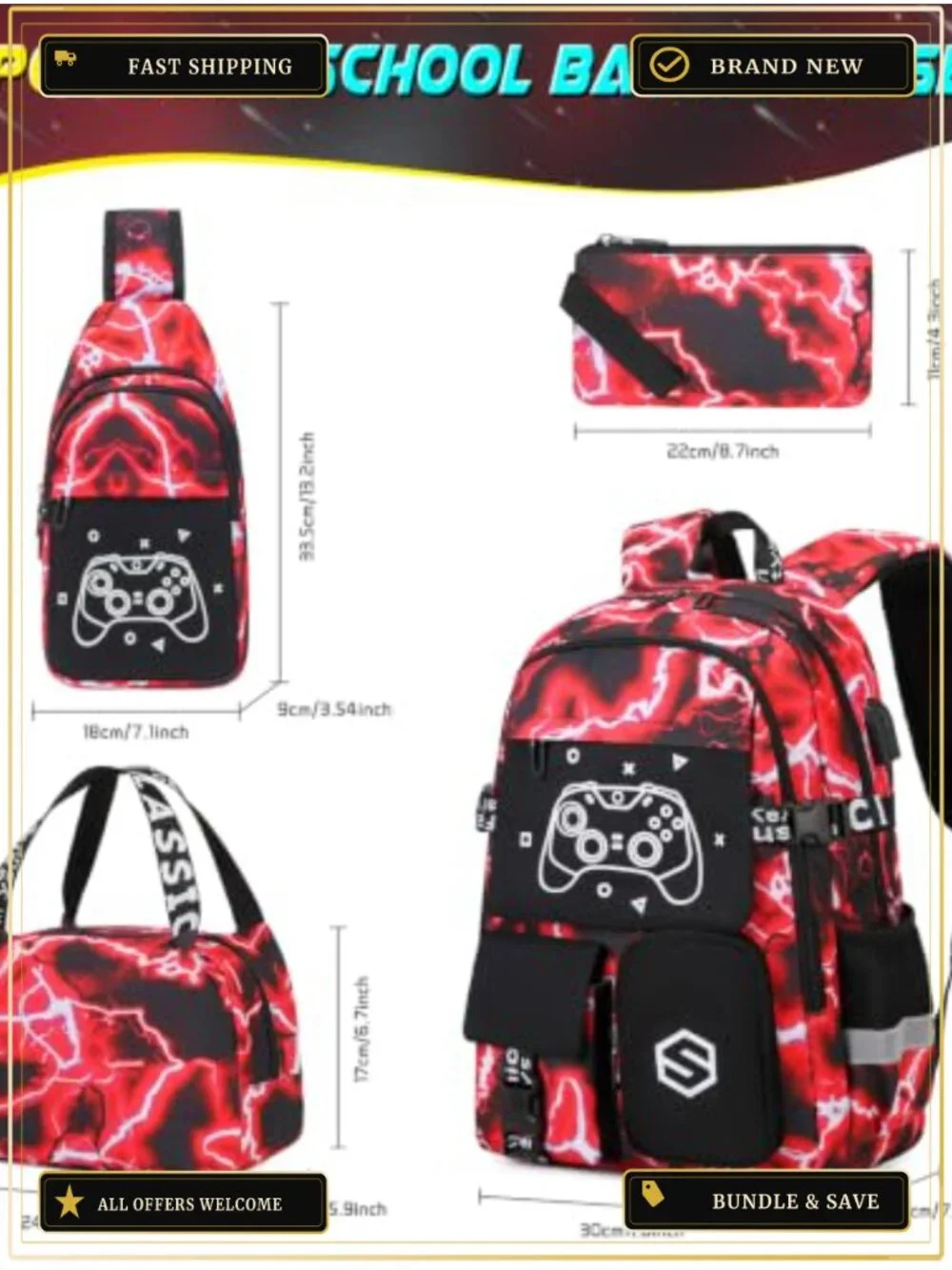 Kids Backpack with Lunch Bag Sling Pencil Case Set with USB Port Luminous
